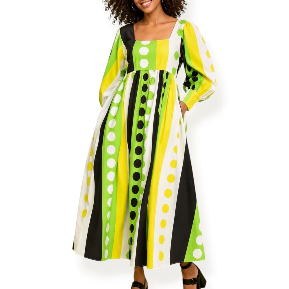 Christopher John Rogers For Target Polka Dot Stripe Chartreuse Maxi Dress 4 New